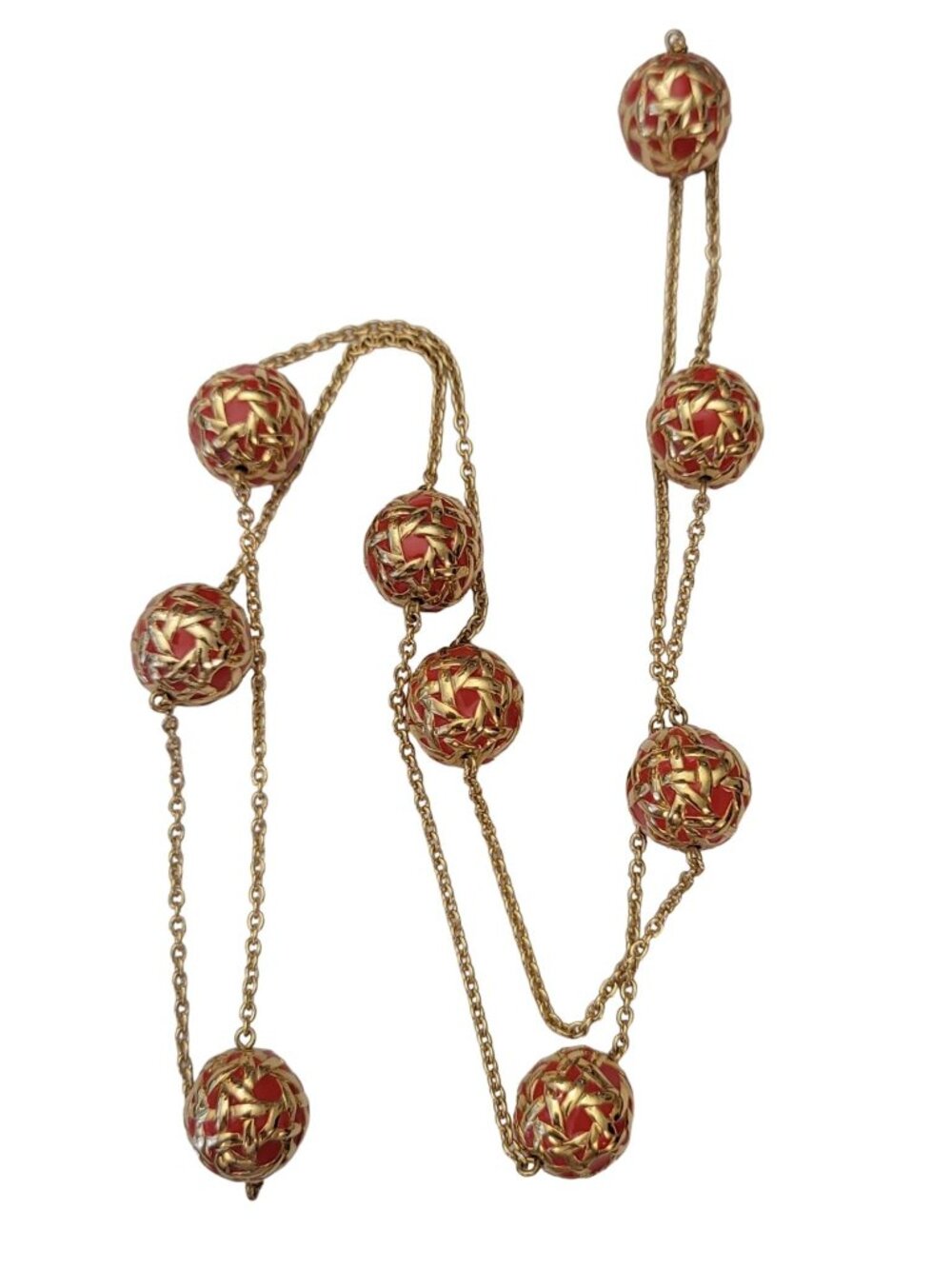 Brutalist Modern Style Coral Orange Enamel Gold Tone Orb Stations Necklace, E546